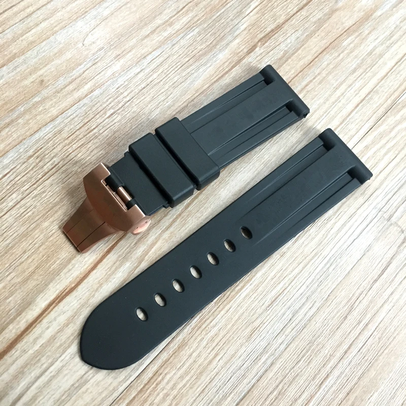 Quality Vanilla 24mm 26mm Black Soft Nature Rubber Watchband With Butterfly buckle For PAM PAM441 111 359 Wacth Strap engraving