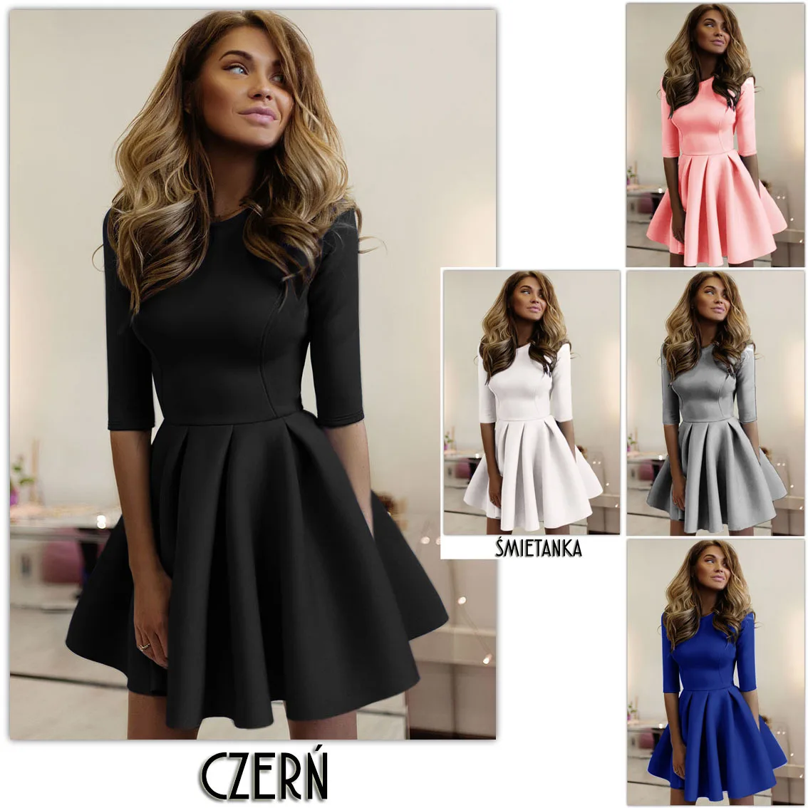 

streetwear new arrival o-neck solid A-line woman dress above knee mini draped sheath slim three quarter female dress