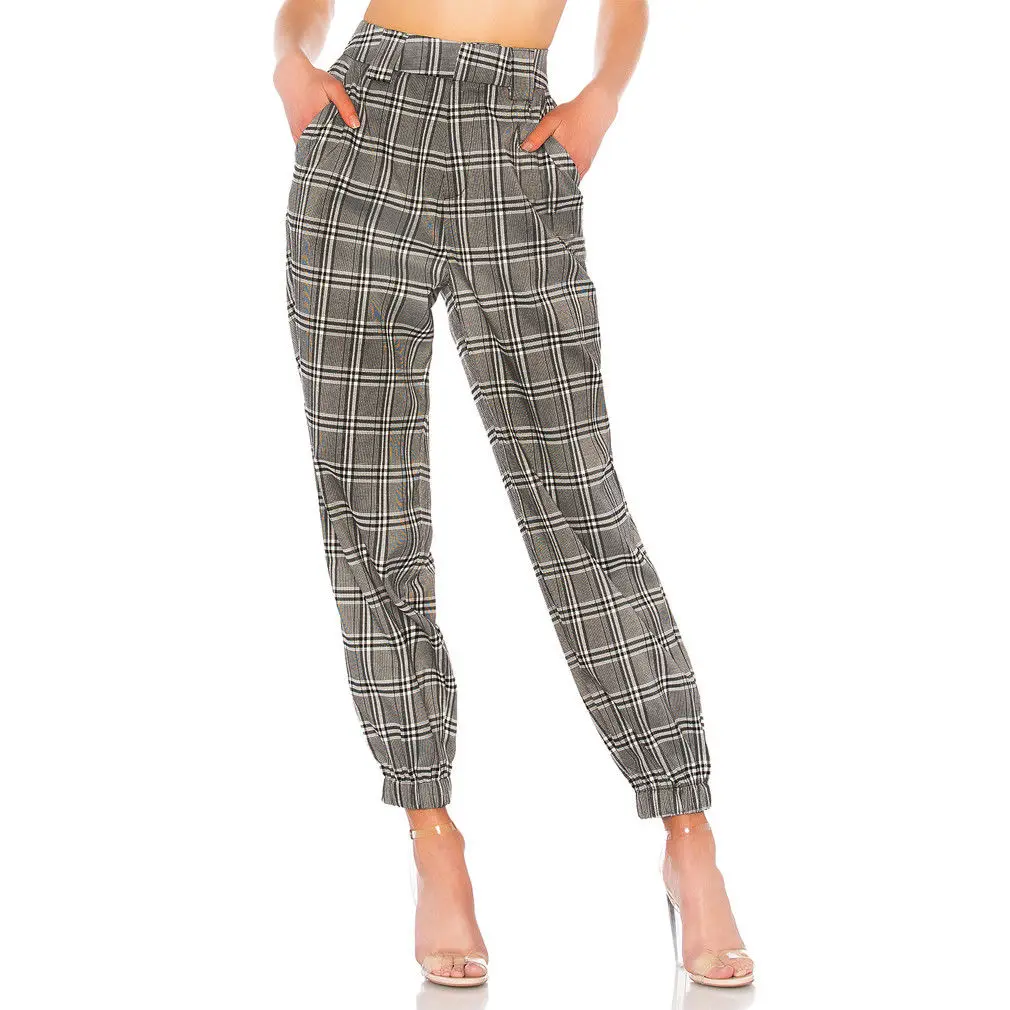 Женские повседневные клетчатые брюки с высокой талией новинка 2018 модный шнурок