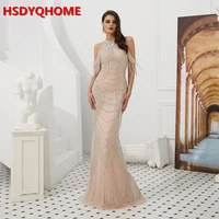 sequin beading mermaid evening dress sexy illusion back slit off shoulder crystal neck tassle gown high end