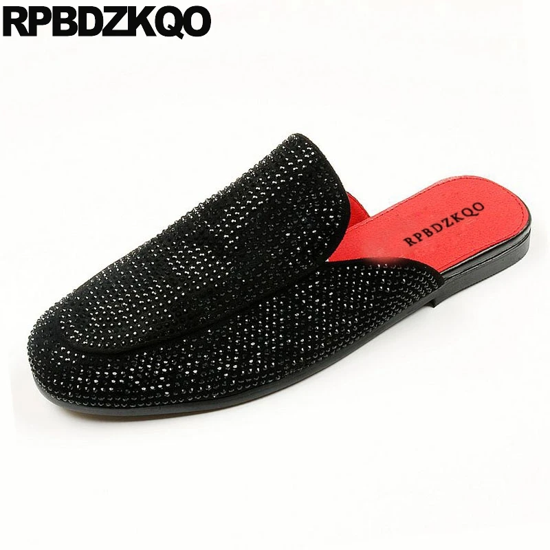 Мюли мужские с вышивкой черные кожаные дышащие туфли без застежки закрытым