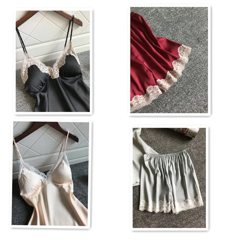 Smmoloa атласные пижамы комплект Пижама с кружевами Короткие штаны Sexy Cami свадебные