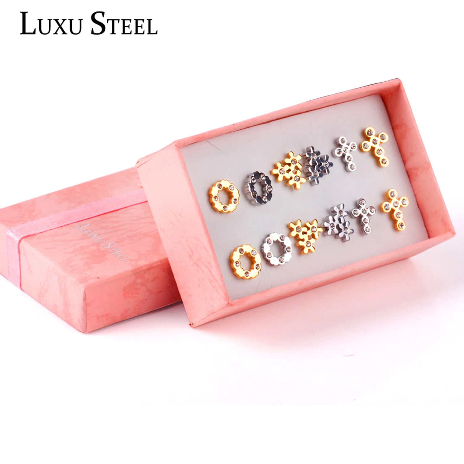 Женские сережки гвоздики LUXU из нержавеющей стали 6 пар/кор. с фианитом|cubic zirconia stud