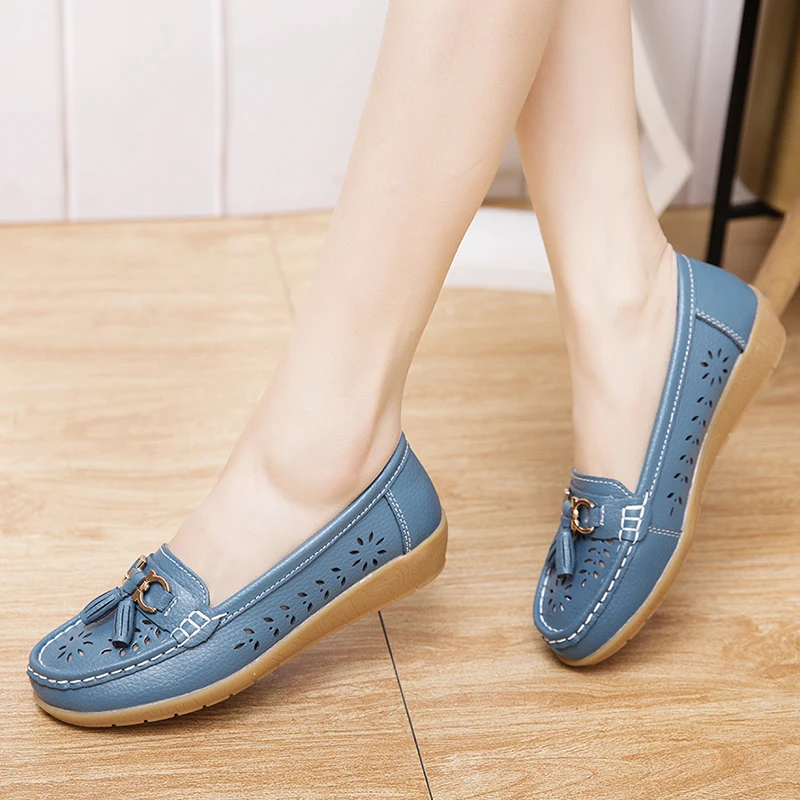 AURONET Soft Leather Hollow Women Ballet Flats Shoes Slip On Loafers Women'S Moccasins Boat Shoes Large Size Spor Ayakkabi Bayan