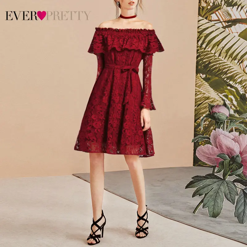 Ever Pretty, женское сексуальное короткое вечернее платье, кружевное бордовое с длинным рукавом, Осень-зима, вечерние платья для выпускного вечера AS05906