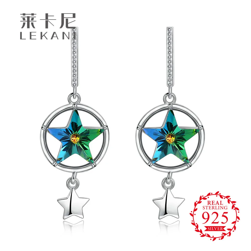 LEKANI кристаллами от Swarovski 100% Серебро Серьги Зеленый Кристалл Звезда Циркон серьги