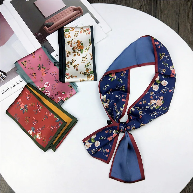 Spring Summer Retro Skinny Scarf Women Multicolor Flower Design Print Kerchief Woman Head Neck Satin Scarves Wraps | Аксессуары для
