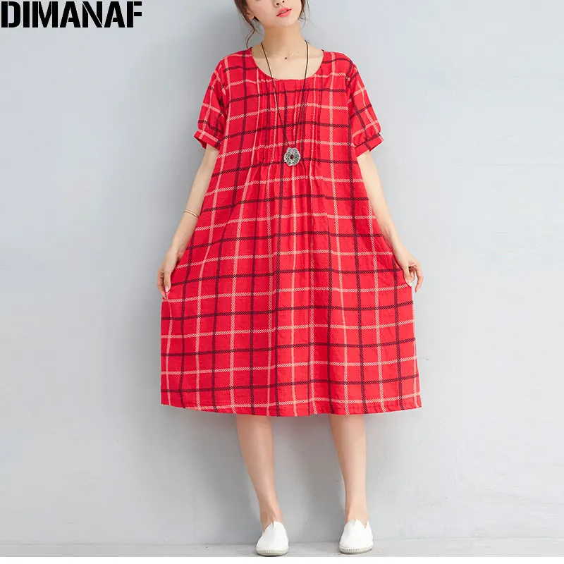 DIMANAF плюс размер 2018 летнее Женское Платье льняное клетчатое vestidos красное