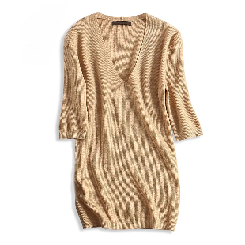 pure fine wool thin knit women fashion spring summer pullover sweater short sleeve M/L
