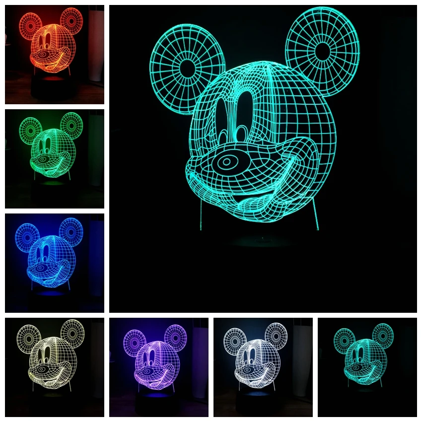3D мультфильм милый RGB мальчик Микки голова 7 цветов Изменение LED прикроватный