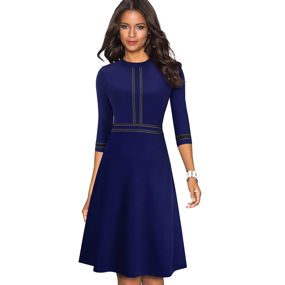 Dark Blue Стильное облегающее и яркое женское офисное платье с лентами, Классическое однотонное платье трапециевидной формы с коротким рукавом EA135 - Цвет: Dark Blue