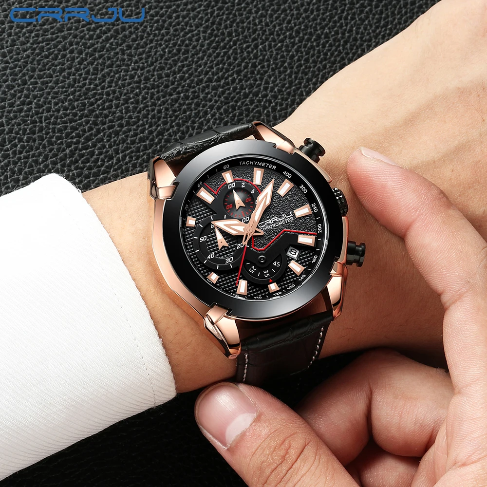 

CRRJU Mens Fashion Sport Watches Men Quartz stopwatch Date Clock Male Leather Military Waterproof Watch Relogio Masculino