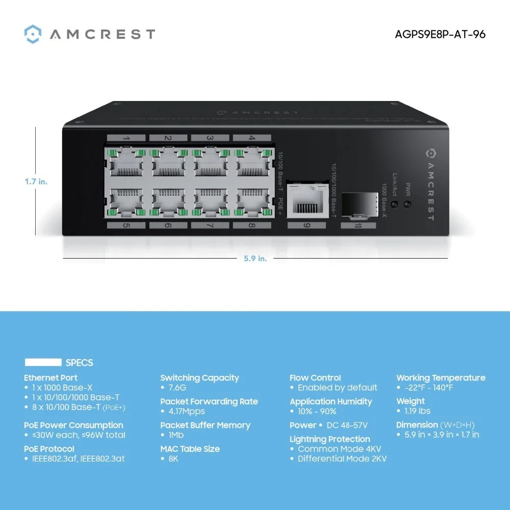 JYTTEK Gigabit Uplink 9 портовый коммутатор POE + Ethernet с металлическим корпусом 8 (Plus) 802.3at 96w SFP