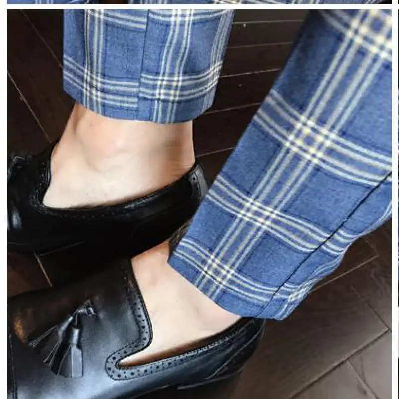 Мужские брюки синие и серые клетчатые деловые повседневные облегающие Pantalon Homme