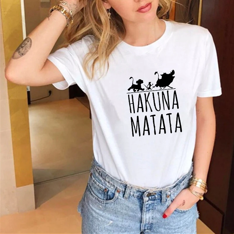 LUSLOS размера плюс футболка Hakuna Matata Король Лев футболка Женские футболки Повседневная белая черная уличная одежда Топ тройники футболка женска