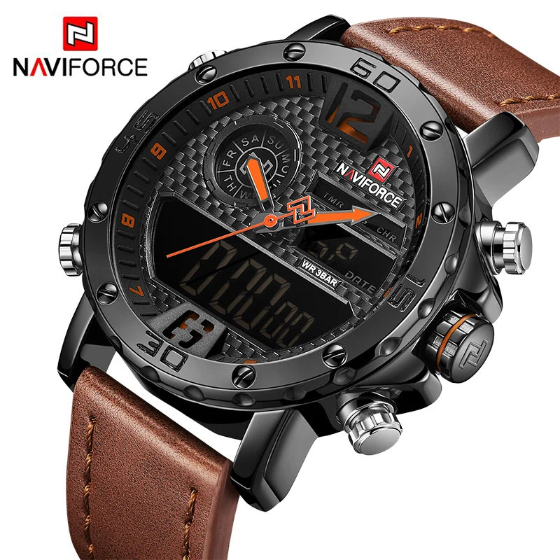 NAVIFORCE Роскошные мужские часы кожаные спортивные Кварцевые светодиодные цифровые
