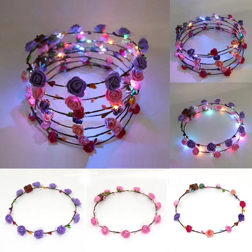 Рождественская вечеринка светящийся венок Хэллоуин корона цветок головная повязка игрушка для женщин девочек светодиодный светильник для волос Венок лента для волос гирлянды