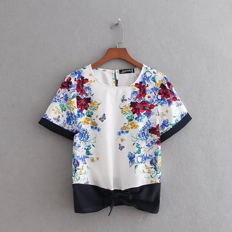 2018 женская футболка в стиле кантри с цветочным принтом vestidos hem bowknot blusas