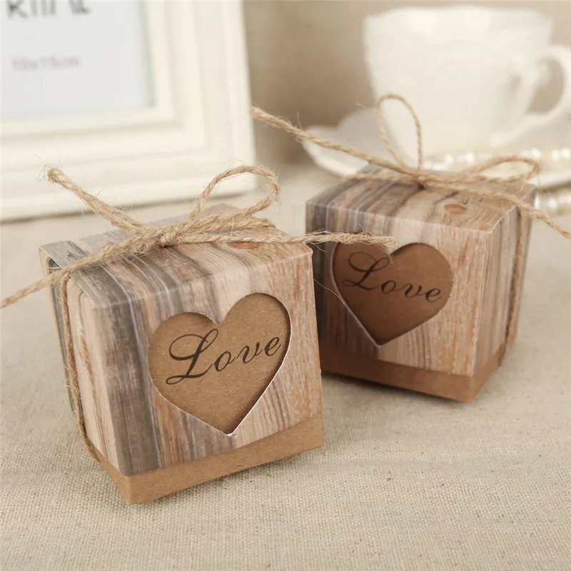 

50Pcs/Lot 5x5x5cm Retro Cubic Paper Gift Packing Box With Free Cover And String Print Love Heart For Christmas Anniversary Box