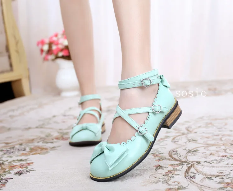 Mint green Японская Милая принцесса Лолита обувь с милым бантом на низком каблуке с круглым носком, черные, розовые, белые, синие, коричневые, фиолетовые туфли на плоской платформе - Цвет: Mint green