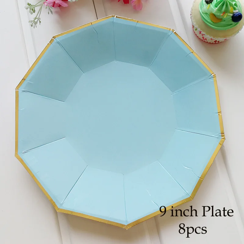 9 inch Plate 8pcs 8 шт./компл. сусального золота розовые одноразовые столовые приборы на Рождество, праздничное платье на свадьбу, бумажные тарелки для дней рождения, чашки для вечеринок по случаю Дня рождения пластиковых соломинок - Цвет: 9 inch Plate 8pcs