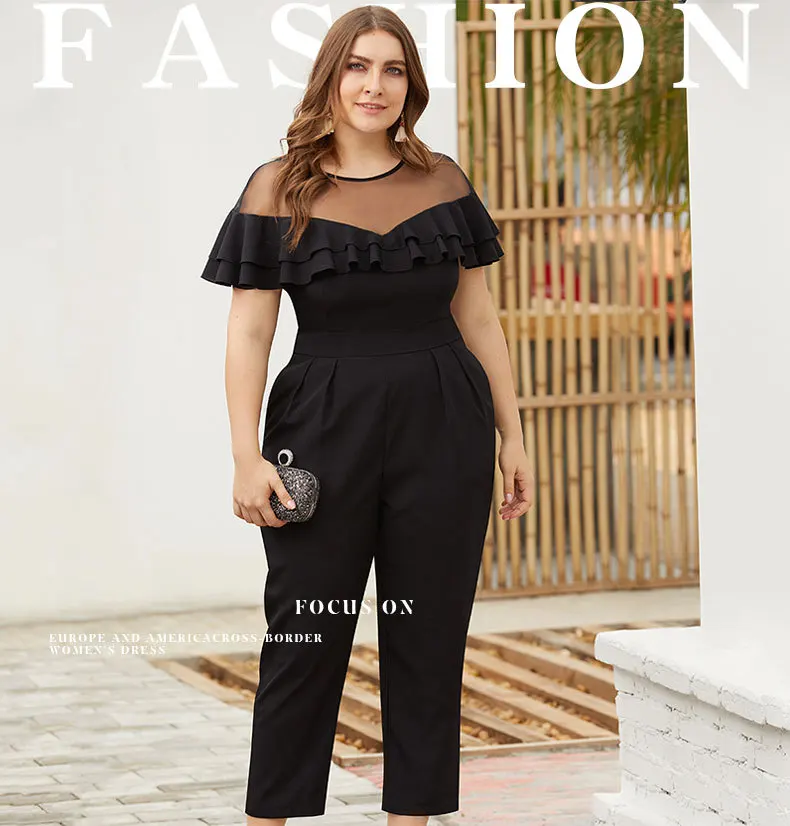 XL-4XL, сетчатый, элегантный комбинезон, большой размер, женский комбинезон, для офиса, с карманами, с оборками, черный, размера плюс, Летний комбинезон