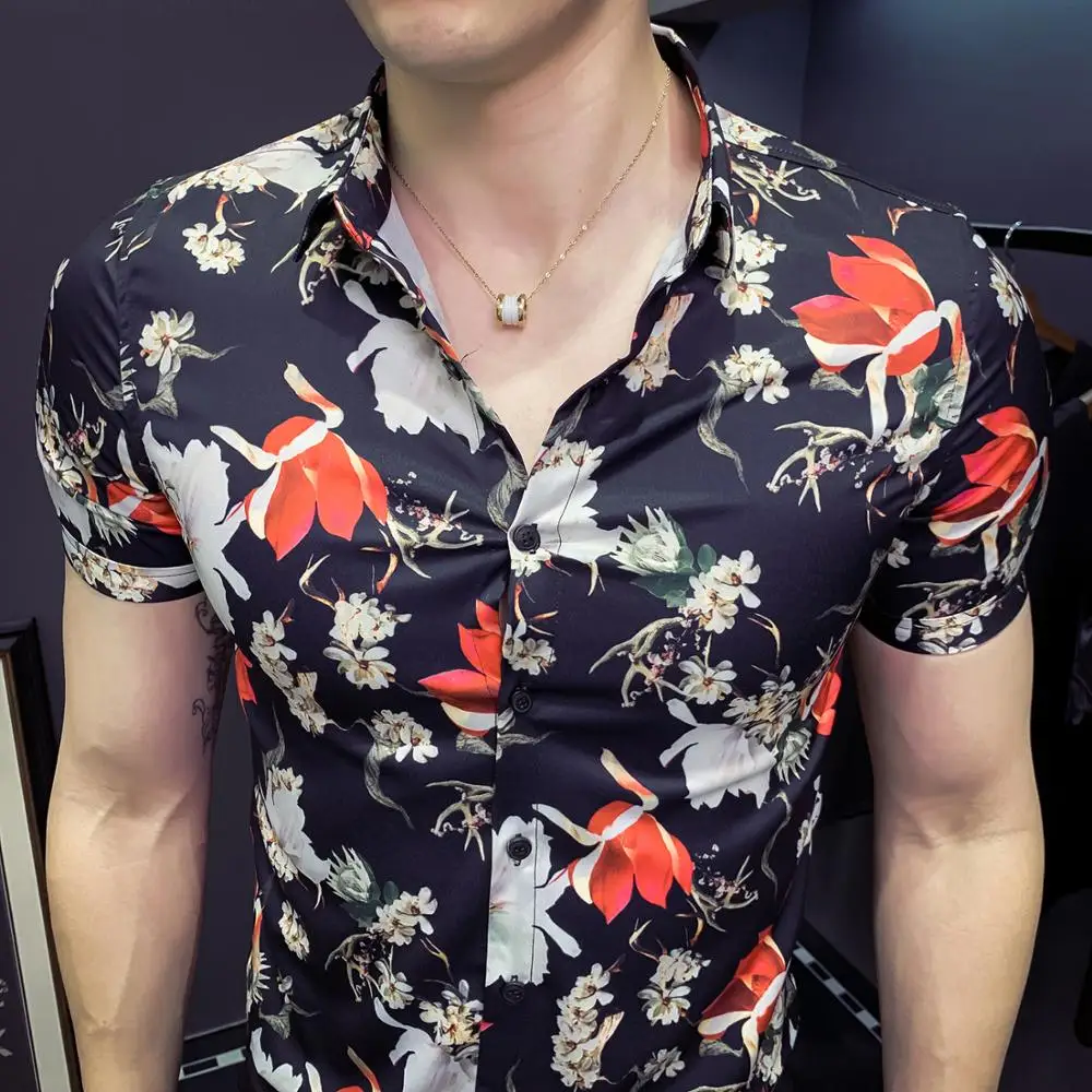 Мужская рубашка с цветочным принтом повседневная приталенная коротким рукавом