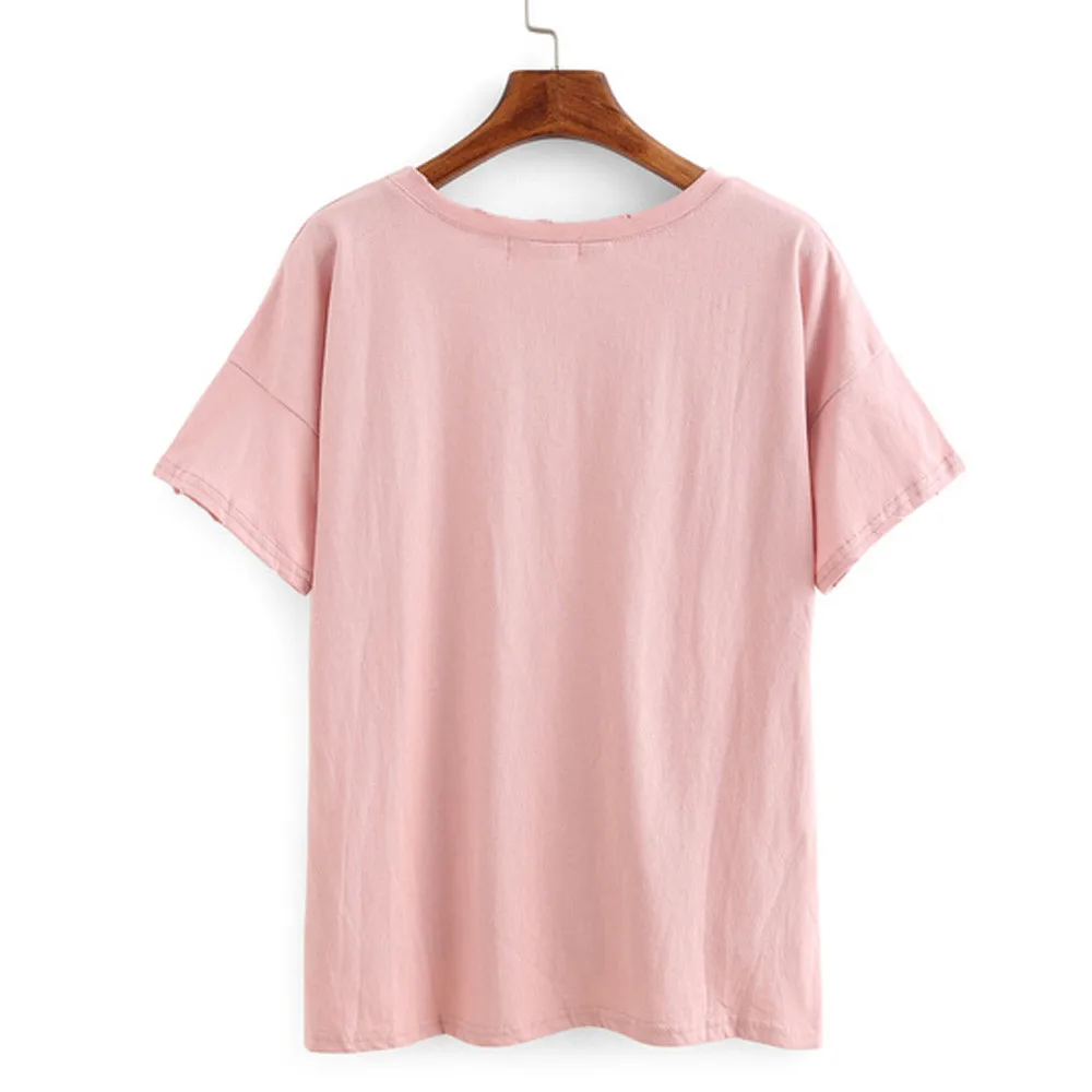 Women Loose Short Sleeve T Shirt Hole Solid Casual Girls Female Pocket Stylish Fashion Cotton Top Pink Sweet | Женская одежда