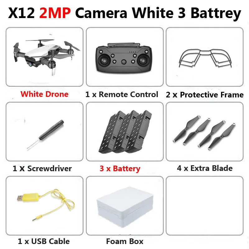 2MP White 3B Foam X12 WiFi FPV Mini Foldable Drone Camera 0.3MP 2MP HD Optical Flow Aerial Video Profissional RC Quadcopter Helicopter Toys SG106 - Цвет: 2MP White 3B Foam