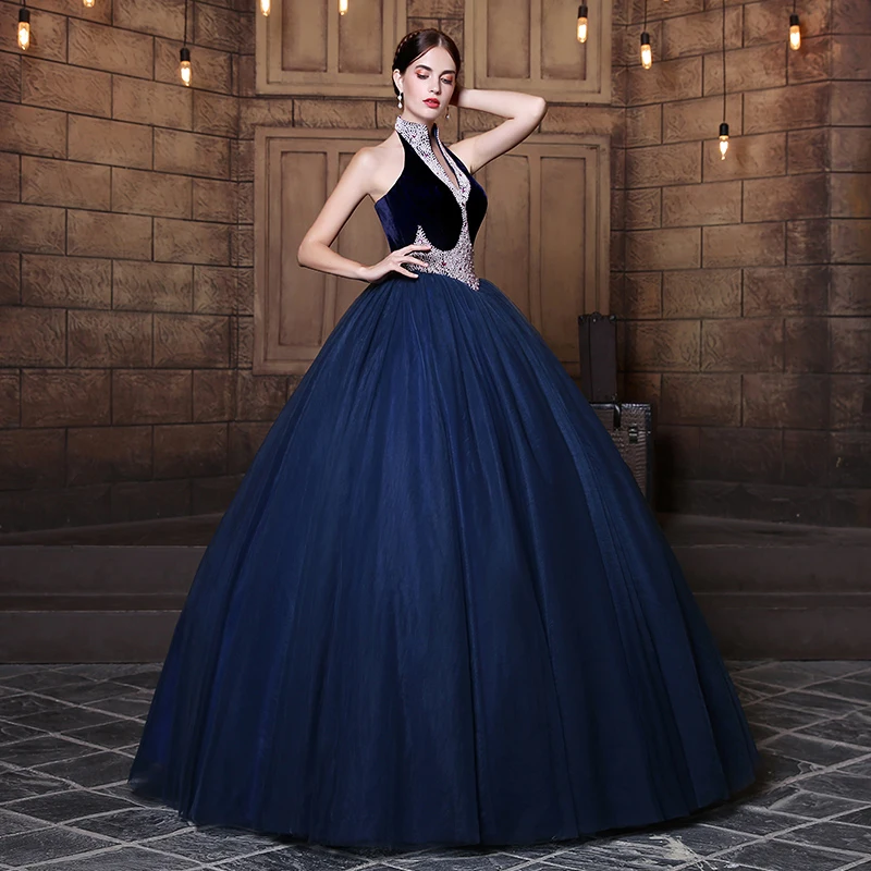 Darlingoddess Королевский синий Quinceanera платья с длинным рукавом аппликации кружева