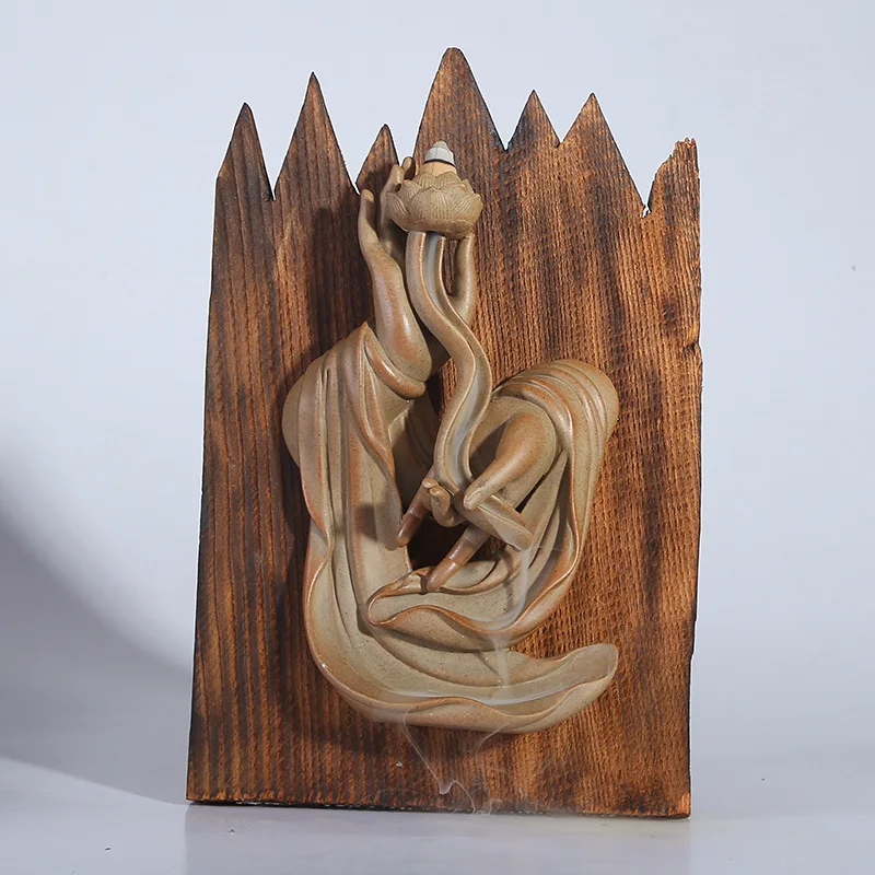 

Wood Guanyin Bodhisattva Blackflow Incense Burner Ceramic Kwun Yam Hand Incense holder Desktop Censer Creative Wall Decoration