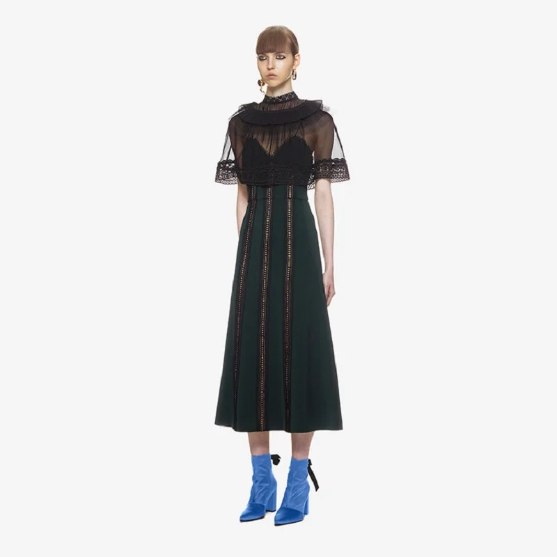 2018 Summer Autumn Elegant Patchwork Mesh Ruffles Midi Dress Women Runway Designer See Through Lace Long Party Dresses Clothes | Женская