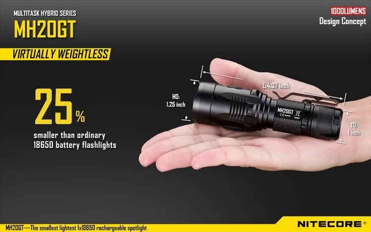 Прожектор NITECORE MH20GT+ аккумулятор 1000LMs светодиодный фонарь перезаряжаемый водонепроницаемый фонарь+ кабель