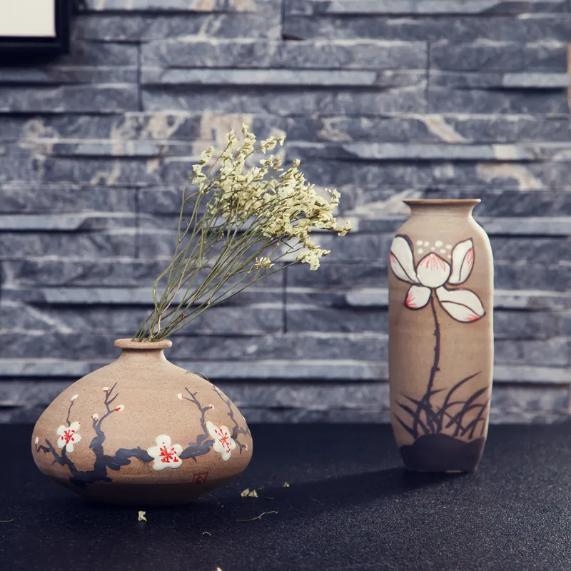 Zen Japanese Vintage Vase jingdezhen Coarse Pottery Hand painted Tabletop Small Flower inserted Jar Pot Tube Creative Home Decor | Дом и сад