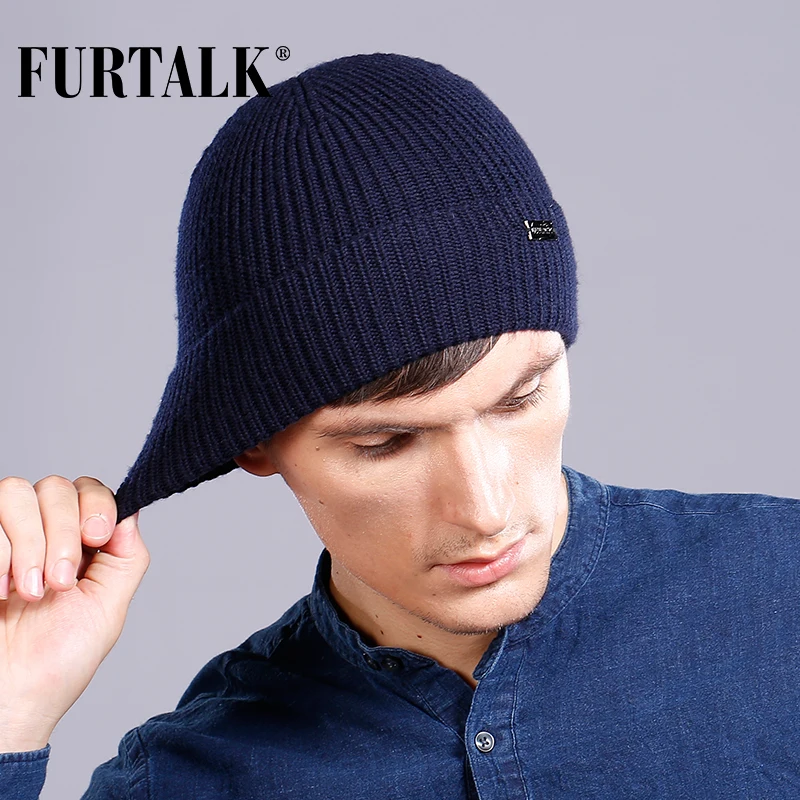 

FURTALK Wool Cashmere Men Winter Hat Man Knitted Beanie Skullies Warm Winter Male Beanie Cap Black Grey