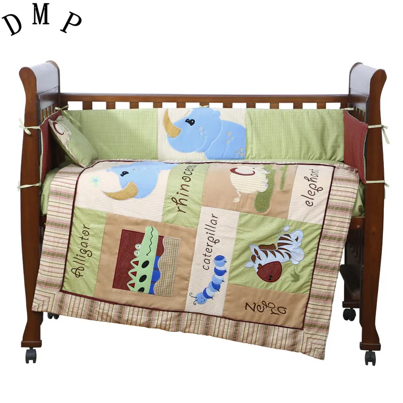 

7PCS Embroidery baby bedding set for girl boys cot bedding set baby crib bumper baby cot set ,include(bumper+duvet+sheet+pillow)