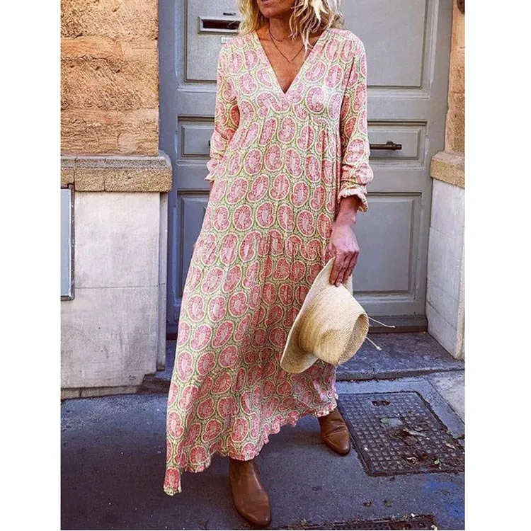 Женское платье макси с длинным рукавом Boho Пляжное цветочным принтом на осень