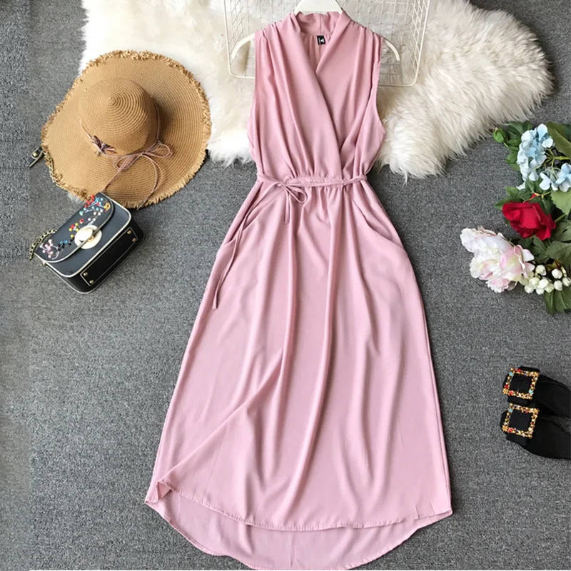 

Женское шифоновое платье в стиле ретро, однотонное платье без рукавов с v-образным вырезом и поясом, лето 2019