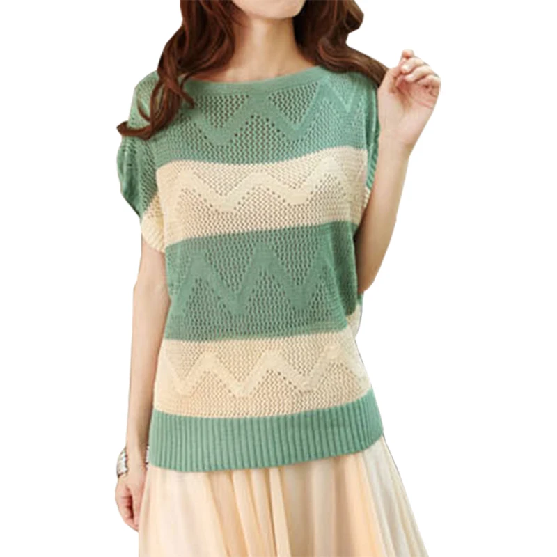 Spring Summer Korean Sweater Women short-sleeved Loose Pullover Big Yards Hollow Bat Sleeve Blouse Striped Shirt Vestidos LXJ068 | Женская