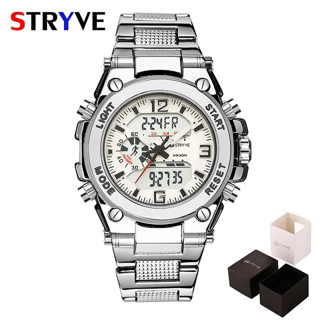 Silver STRYVE спортивные часы для мужчин модные золотые большой циферблат Мужские s часы 30 м водонепроницаемый Военная Дата Двойной дисплей наручные часы Relogio Masculino - Цвет: Silver