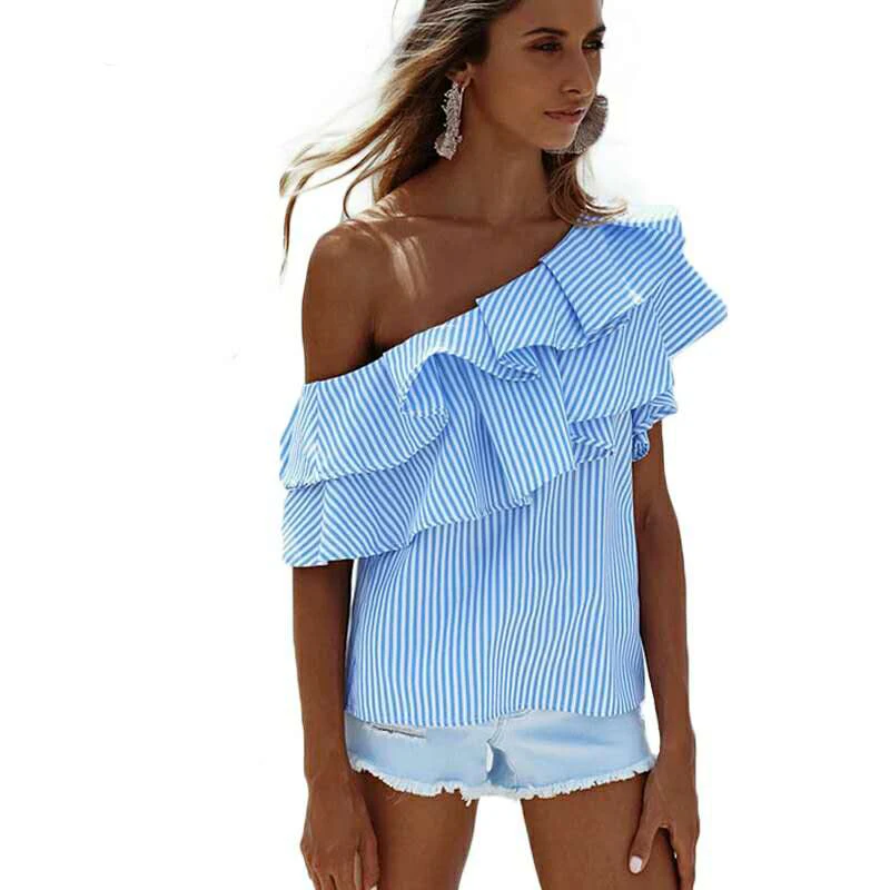 Футболка женская новый 2018 Лето рюшами Полосатый синий и розовый с плеча летняя