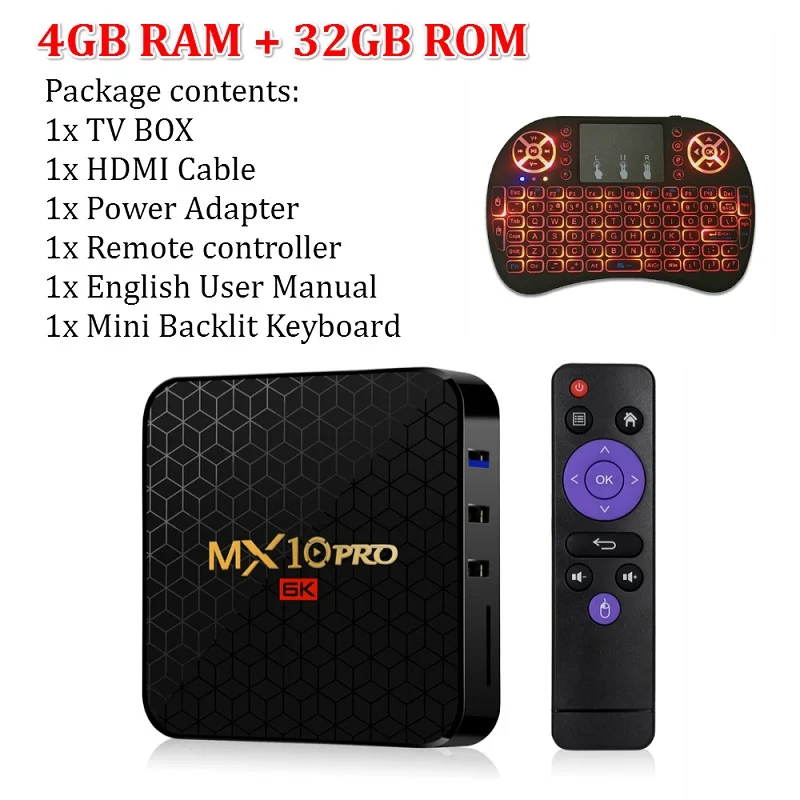 4G 32G Backlit T ТВ коробка MX10 Pro Android ТВ коробка 4 Гб оперативной памяти, 32/64GB Android 9,0 ТВ коробка Allwinner H6 4 ядра с разрешением 4K HDR 2,4 ГГц WI-FI USB 3,0 ТВ комплект компьютерной приставки к телевизору - Цвет: 4G 32G Backlit