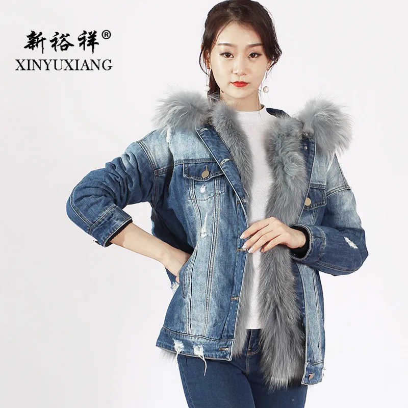 XINYUXIANG 2018 рваные джинсовые куртки для женщин 100% подкладка из натурального Лисьего