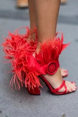 

Women Sexy Solid Red Feather Decoration Ankle Buckle Strap Sandals Summer Hollow Out High Square Heel Party Shoes