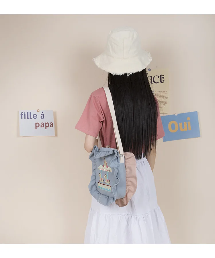 Harajuku Cartoon Embroidery Female Student Handbag New Hot Women's Color Matching Ruffled Shoulder Bag Messenger Bag
