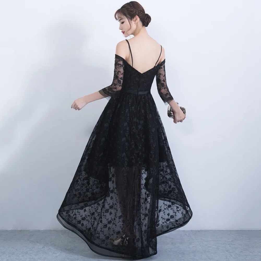 prom dresses sexy black lace vestidos de festa longo high/low dress with 3/4 sleeves sweetheart gown | Свадьбы и торжества