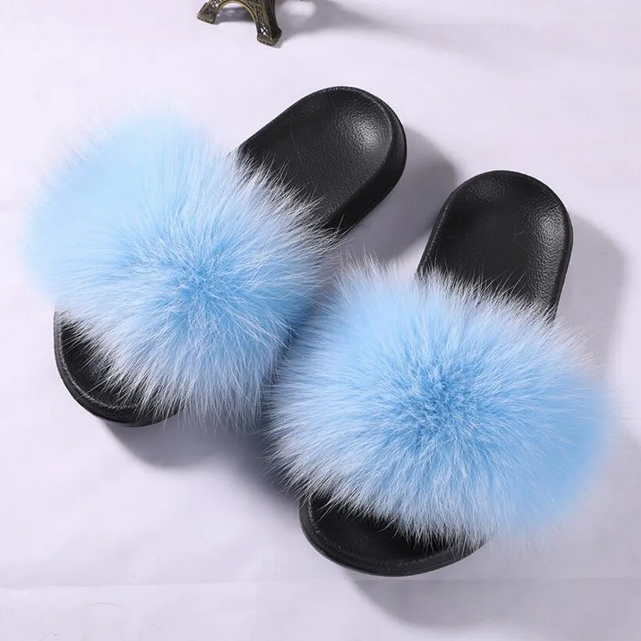 sky blue FXFURS/Новинка года; женские тапочки с натуральным лисьим мехом; летние модные меховые сандалии; обувь из пушистого плюша; Вьетнамки с мехом енота; Домашние шлепанцы - Цвет: sky blue