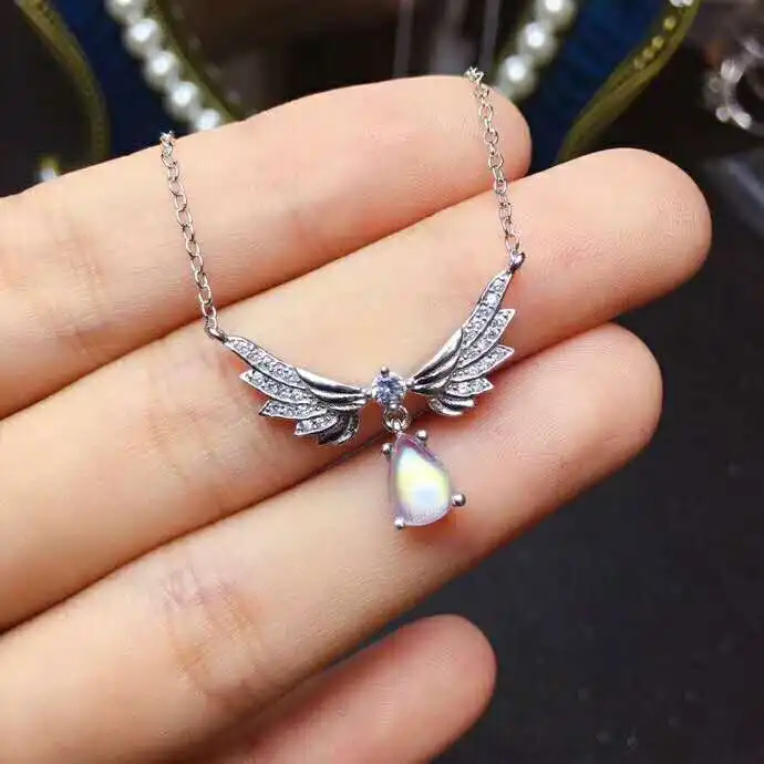Fidelity natural 5*7mm moonstone (lovers of stone) pendants s925 sterling silver wing fine jewelry for women party blue gemstone | Украшения