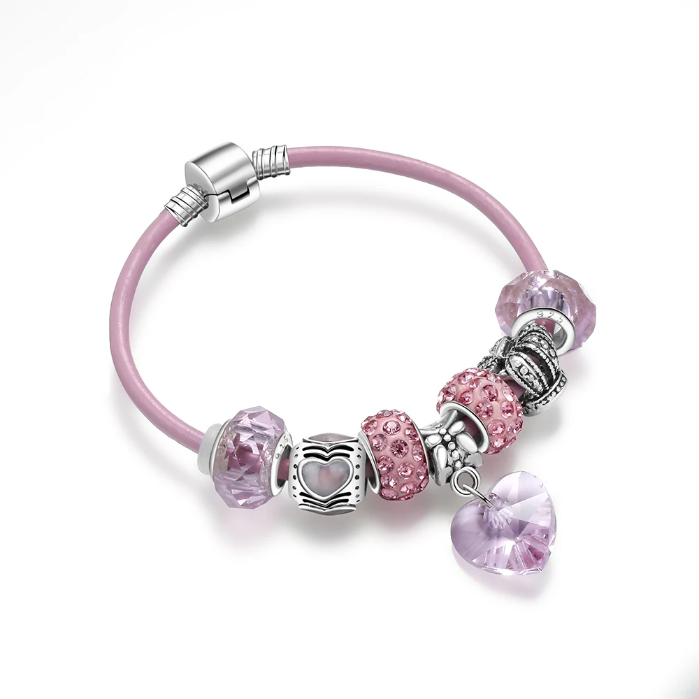 

Dropshipping European Womens DIY Bracelets Hot Sale Pink Heart Pendant Gift Jewelry Charm New Arrival Glass Beads Pretty