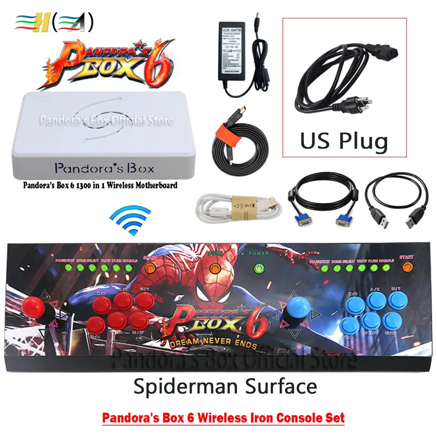 spiderman US plug 3а оригинальная игра Pandora's Box 6 1300 в 1 беспроводной аркадный джойстик 2 игрока железная консоль Комплект HDMI VGA usb для ПК ТВ ps3 Tekken - Цвет: spiderman US plug